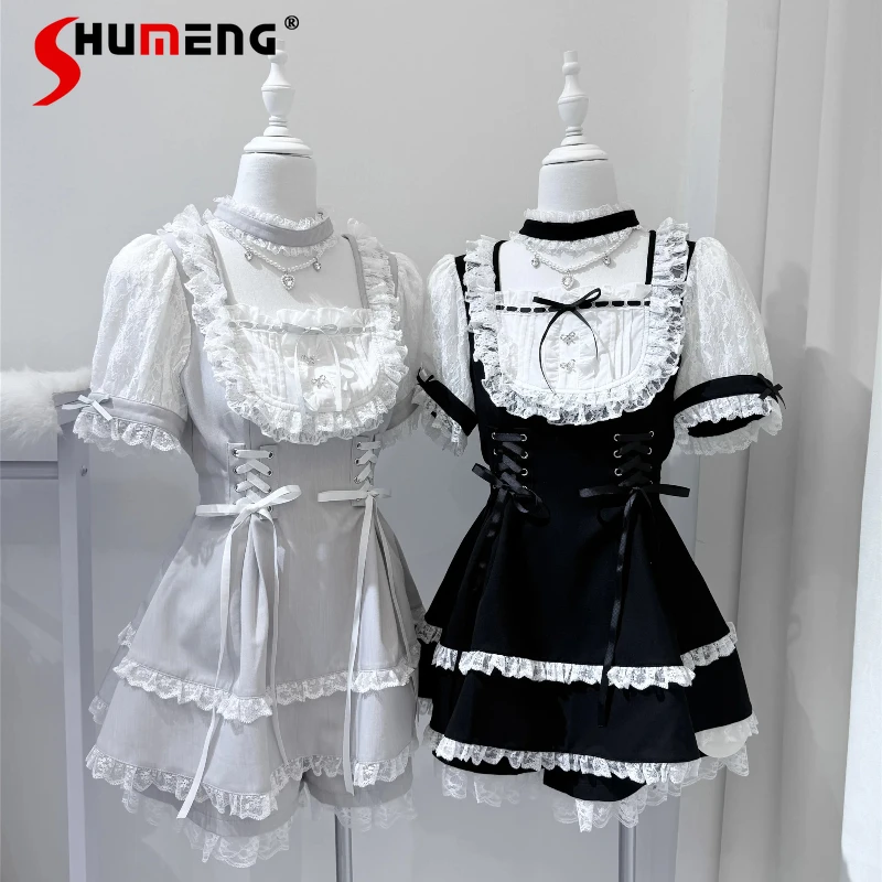 

Летнее японское ожерелье в стиле Лолиты, топ с карманами, платье, шорты, комплект из 2 предметов, женские утягивающие платья на шнуровке с бантом, наряды