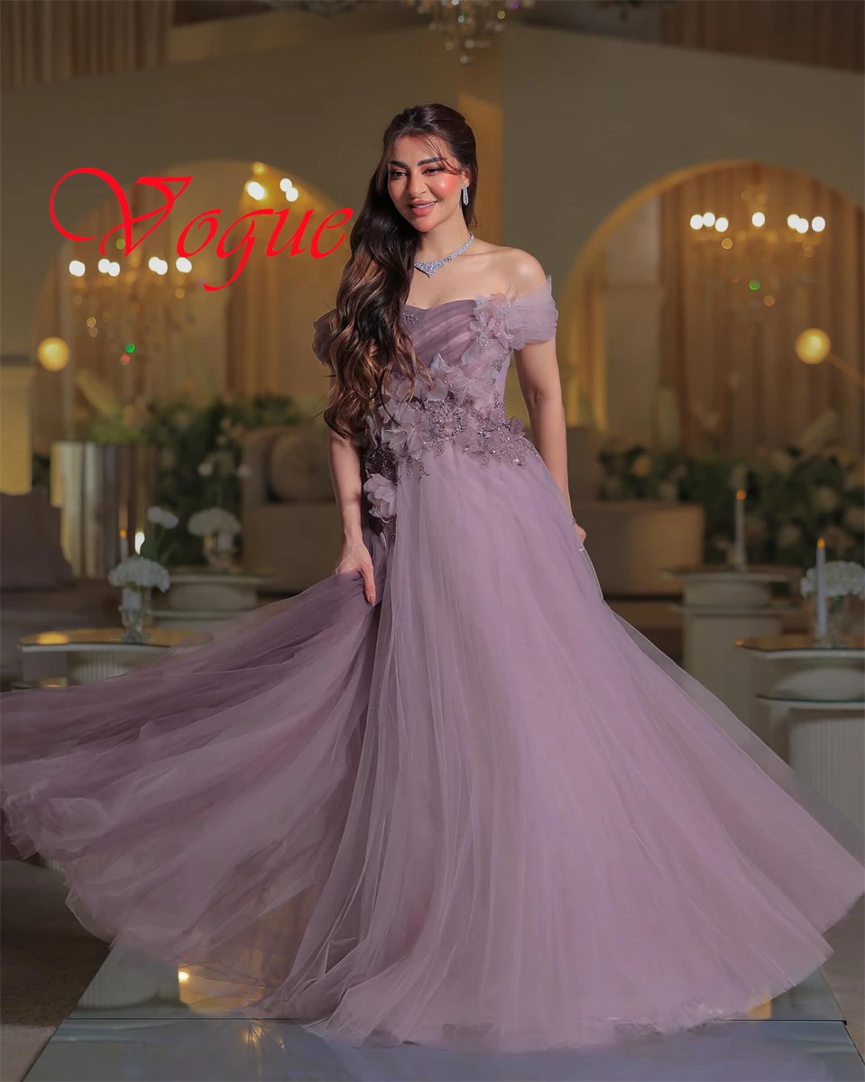 

Customized Classic Purple Tulle Evening Dress Delicate Strapless Off the Shoulder Zipper Back Flowers Special Occasion Gowns