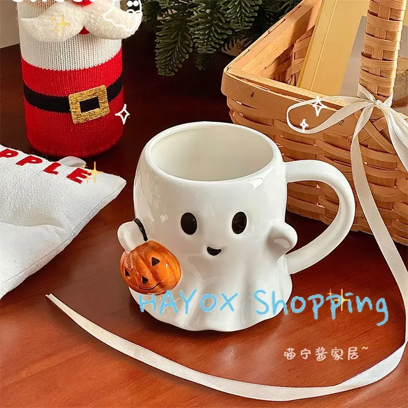 Cute Ghost Water Cup，Creative Pumpkin Ghost Ceramic Mug Afternoon Tea Coffee Cup，Milk Mug Household Drinking Set Halloween Gift