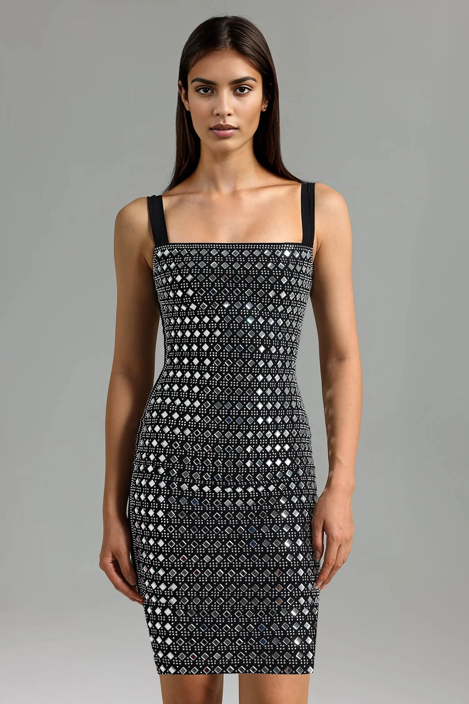 Sexy Straps Square Collar Shiny Diamonds Bandage Dress Women Black Sleeveless Backless Crystal Mini Bodycon Dresses Evening Club