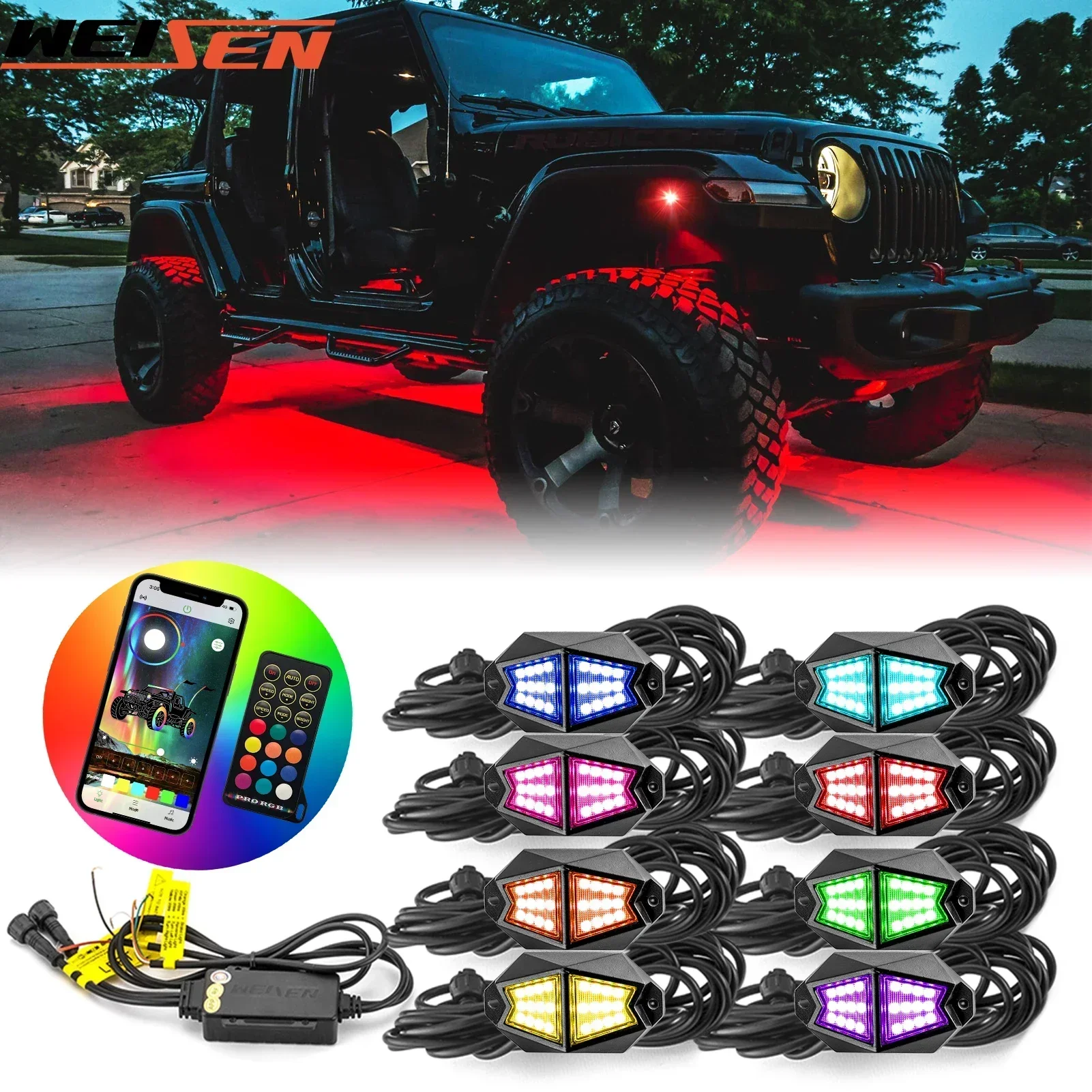 

Universal RGB Rock LED Lights Remote & APP for Off-road UTV ATV SUV Car Golf Cart Truck Boat Polaris RZR Can Am Accessories