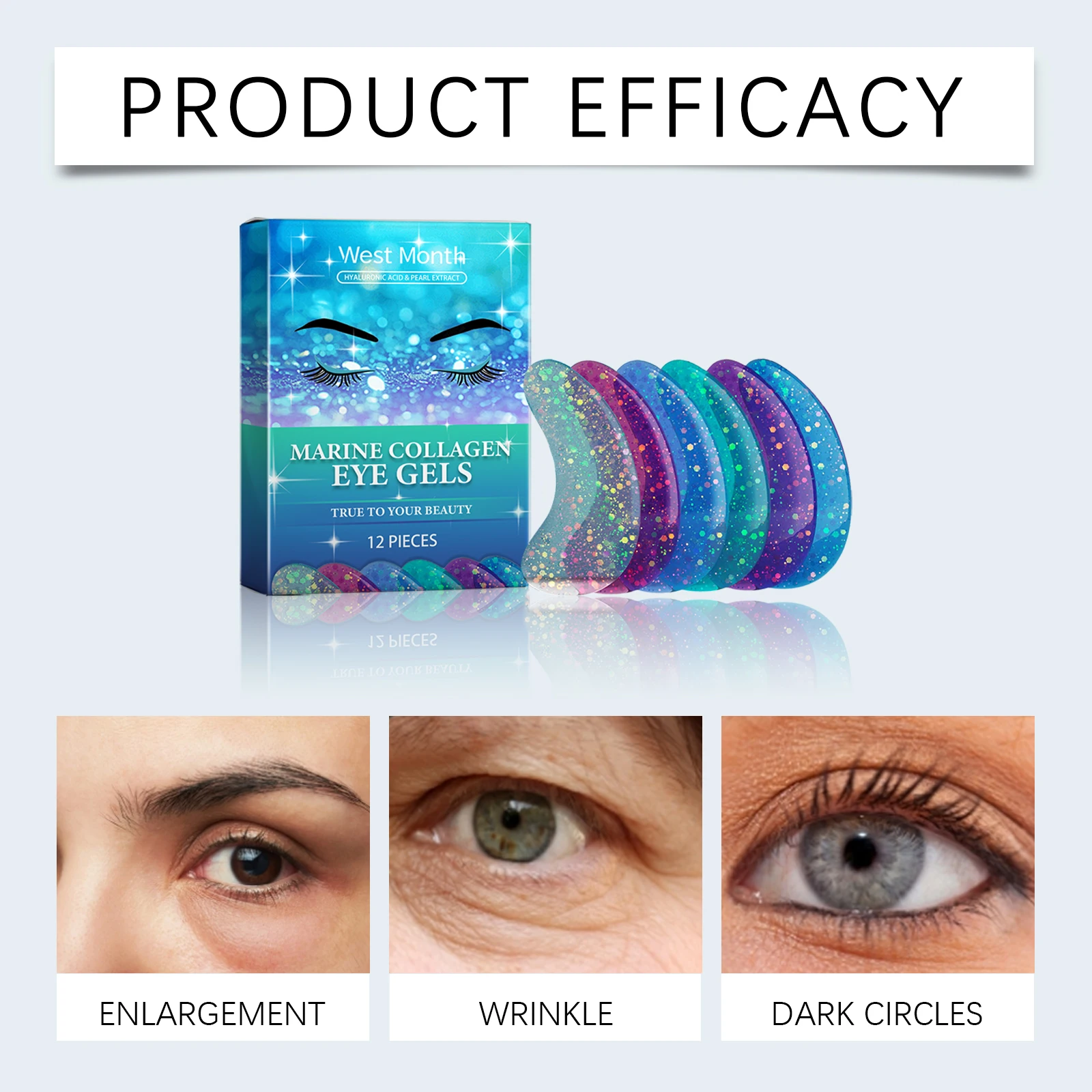 WEST MONTH 12 Stück Marine-Kollagen-Augengele beseitigt Falten und feine Linien, verbessert Tränensäcke und Augenringe, stellt die Hautglätte wieder her