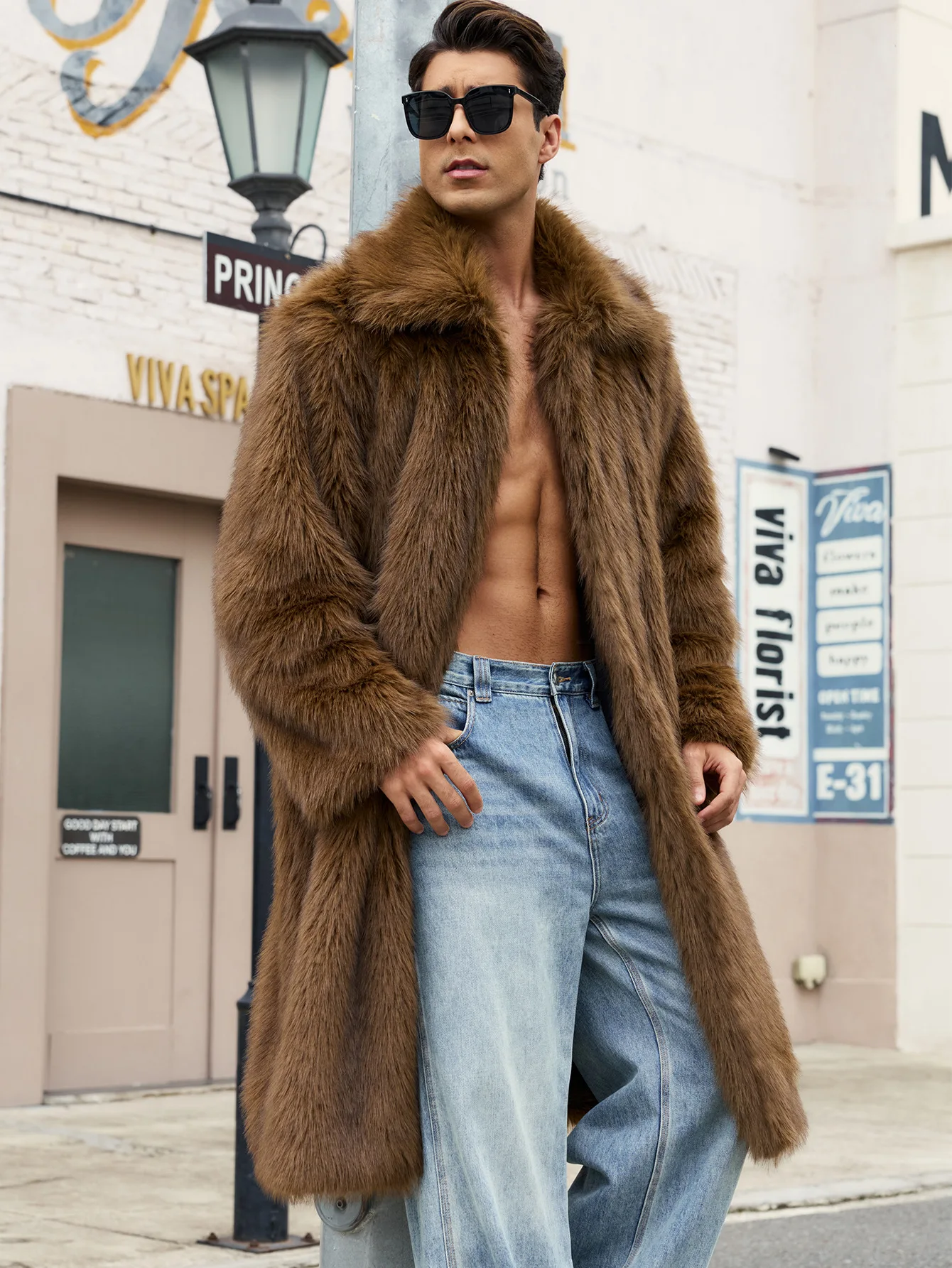 Men's Square Neck Imitation Fur Coat Autumn Winter Long Men's Coat New Item Stylish Men's Outerwear for Fall And Winter Seasons