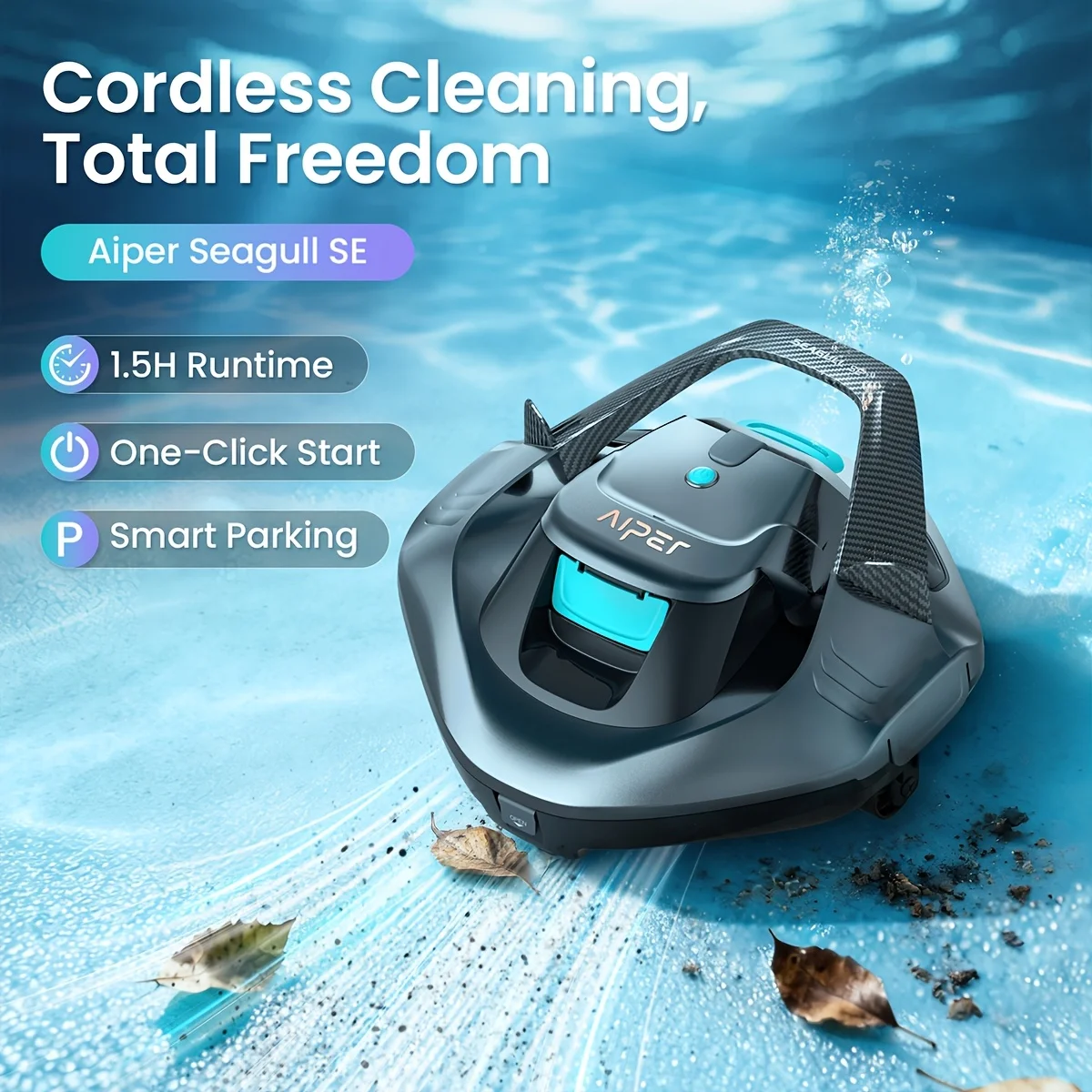 AIPER Seagull SE 2025 Upgrade Cordless Robotic Pool Cleaner with LED Indicator, Self-Parking Technology, Lasts 90 Mins Runtime, Ideal for Above-Ground Pool Up to 850sq.ft