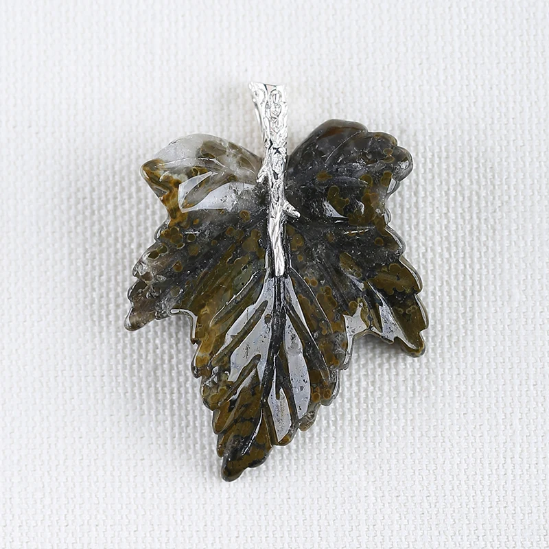 

Natural Gemstone Ocean Jasper Handcarved Leaf Pendant 925 Sterling Silver Necklace Accessories 49x37x8mm 14.5g