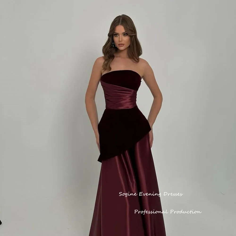 Op maat gemaakte strapless avondjurken Ruches fluwelen-satijn Formele فسات Mohamedшу Gedrapeerde Empire Taille Galajurk voor dames