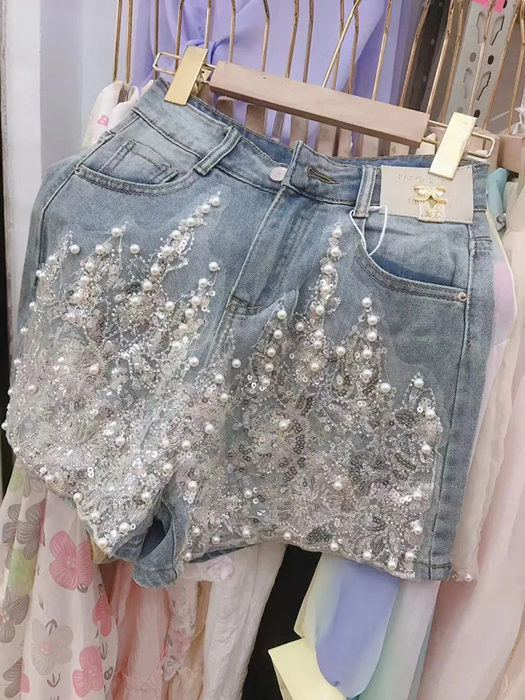 

2024 Summer Denim Shorts Women Tassel Sequin Beading Fashion Ripped Jeans Shorts High Waist Knee Length Pants Female