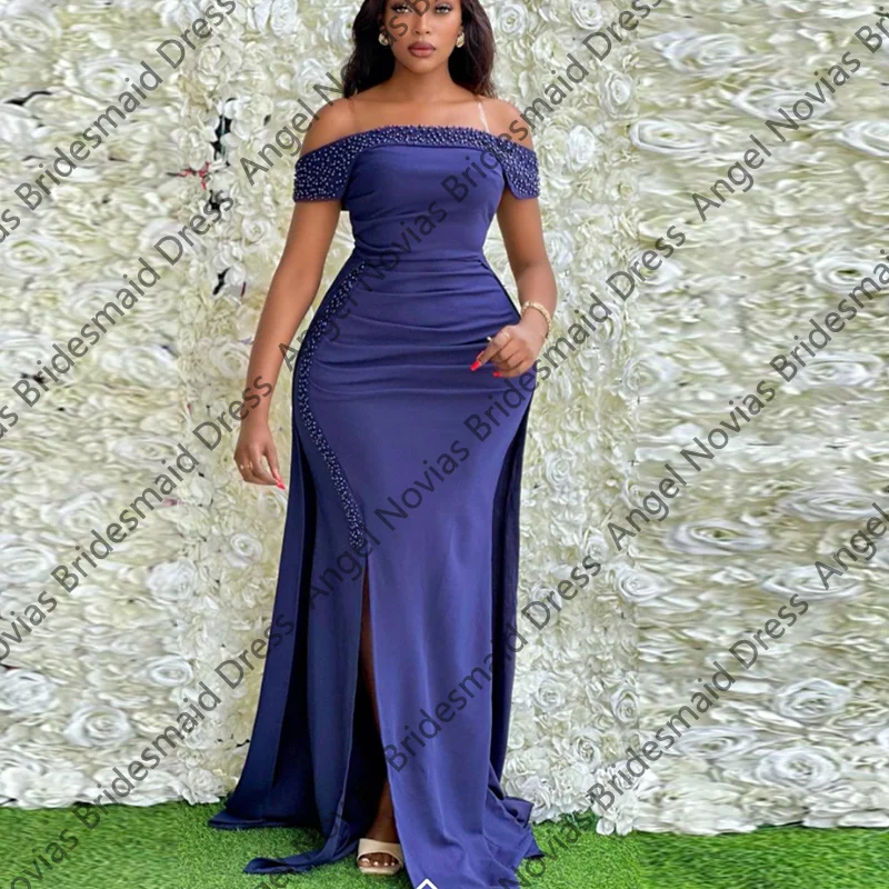 

Long Mermaid Blue African Bridesmaid Dresses For Weddings Party Dress Pearls Beading Robes Invitee Mariage Customized