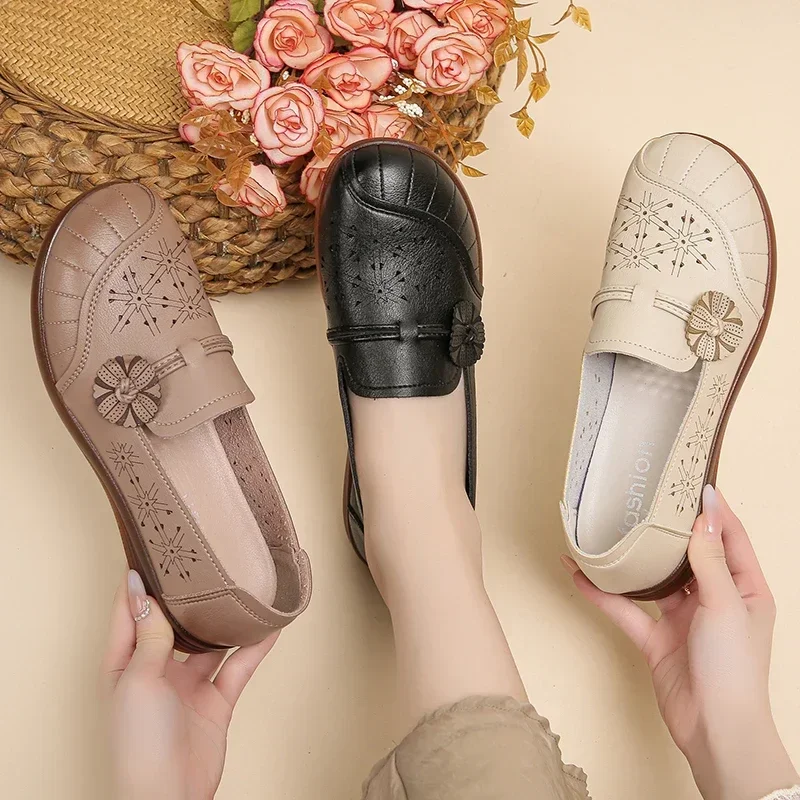 

New Stylish Women Shoes 2024 Spring Summer Slip-ons Leather Moccasins Soft Mom Comfort Walking Shoes Non-slip Ladies Shoes