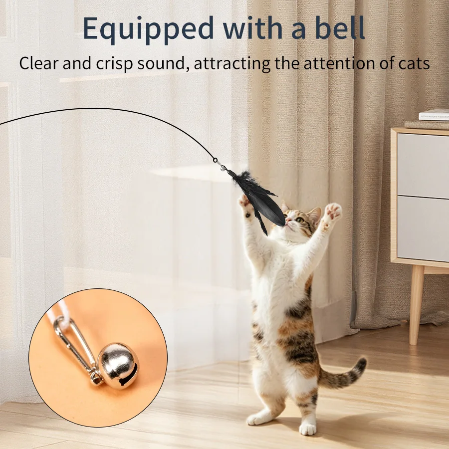 Cat Feather Wand Toy with Strong Suction Cup Base, Elastic Steel Wire Rod for Indoor Cats Kitten Play Exercise