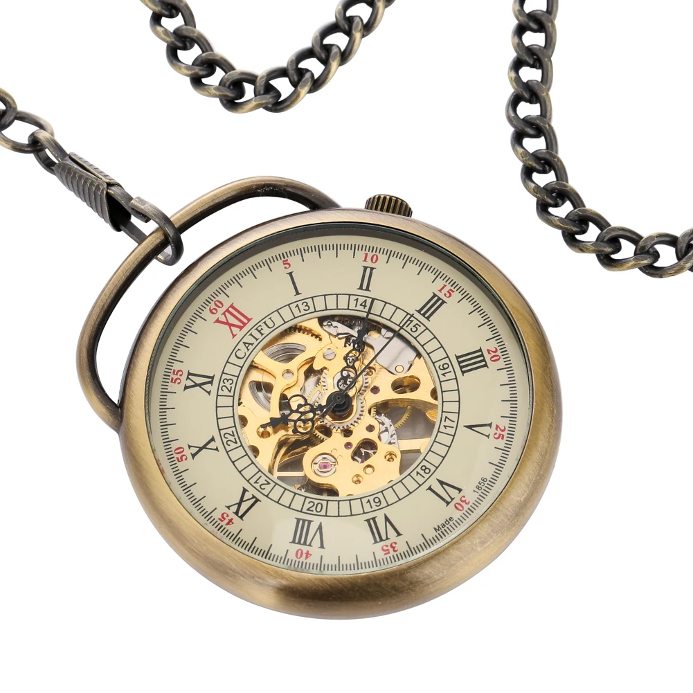 

Men's Vintage Bronze Mechanical Pocket Watch Transparent Glass Open Face Roman Numerals Dial Fob Chain Pendant Clock Gift Man