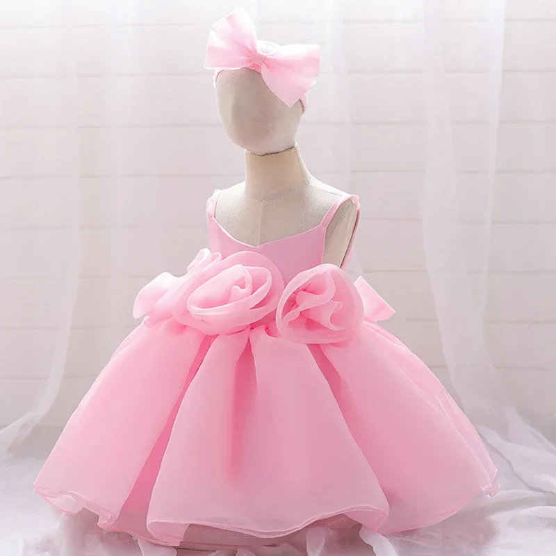 Big Flower Ceremony Pink 1st Birthday Dress For Baby Girl Clothes Baptism Bow Princess Dress Girls Dresses Party Wedding Gown