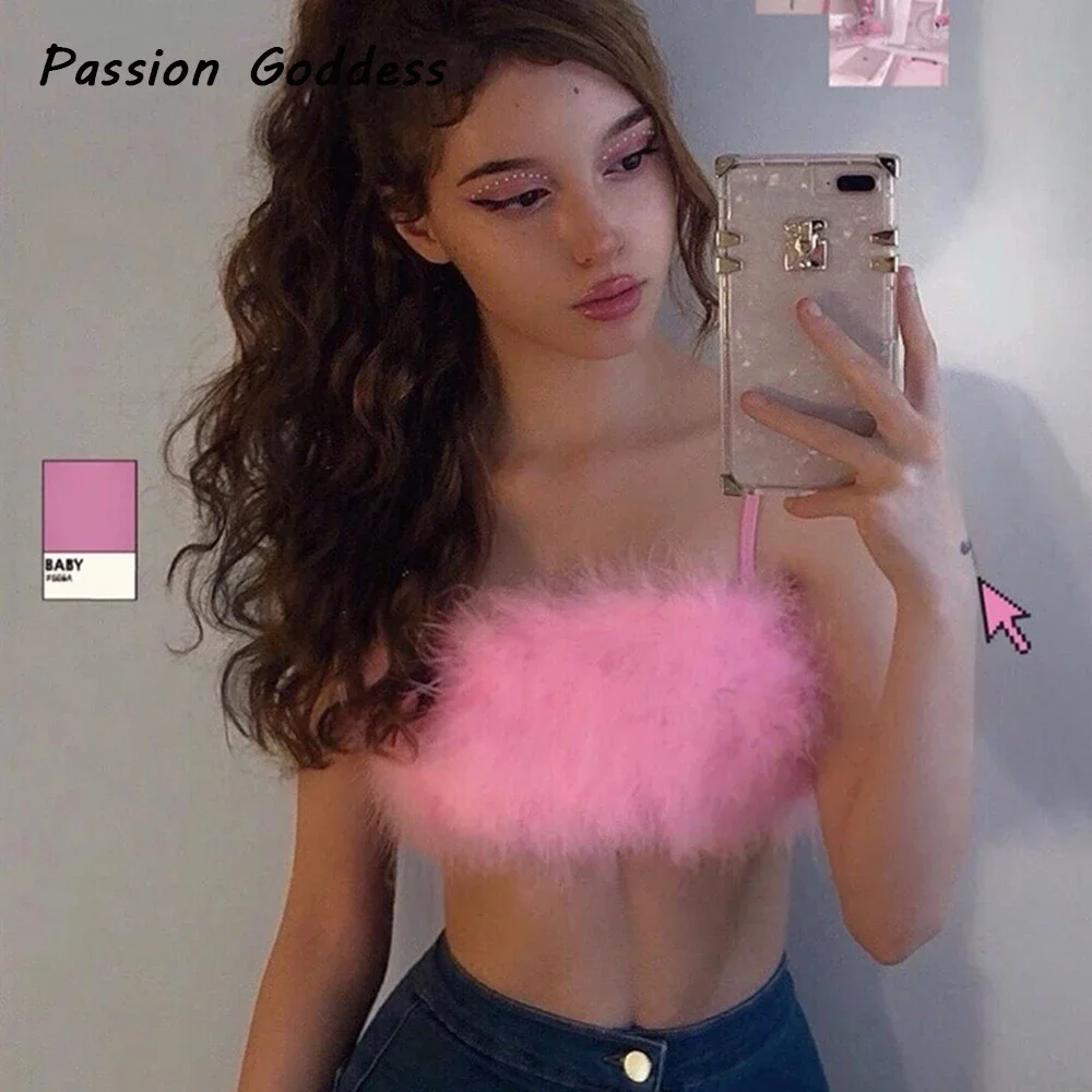 Sexy Women Fluffy Full Fur Pink Camisole Fur Sling Fuzzy Top Sleeveless Kawaii Camis Spaghetti Strap Feather Bralette Camisole