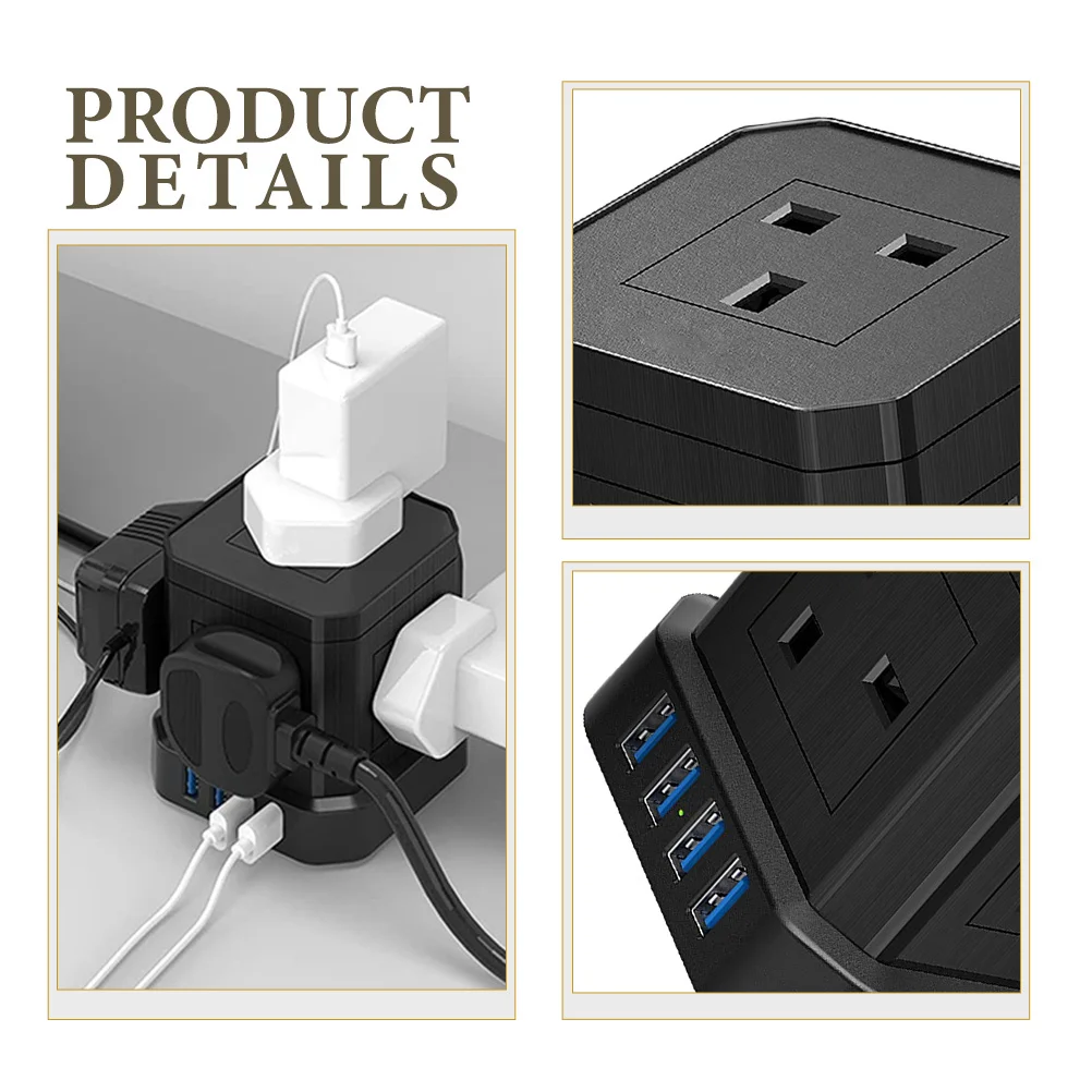 

USB Slot Multi-Outlet Power Strip Black Extension Cord 2m Flat Plug High-Temperature Fireproof Overload Protector for Travel