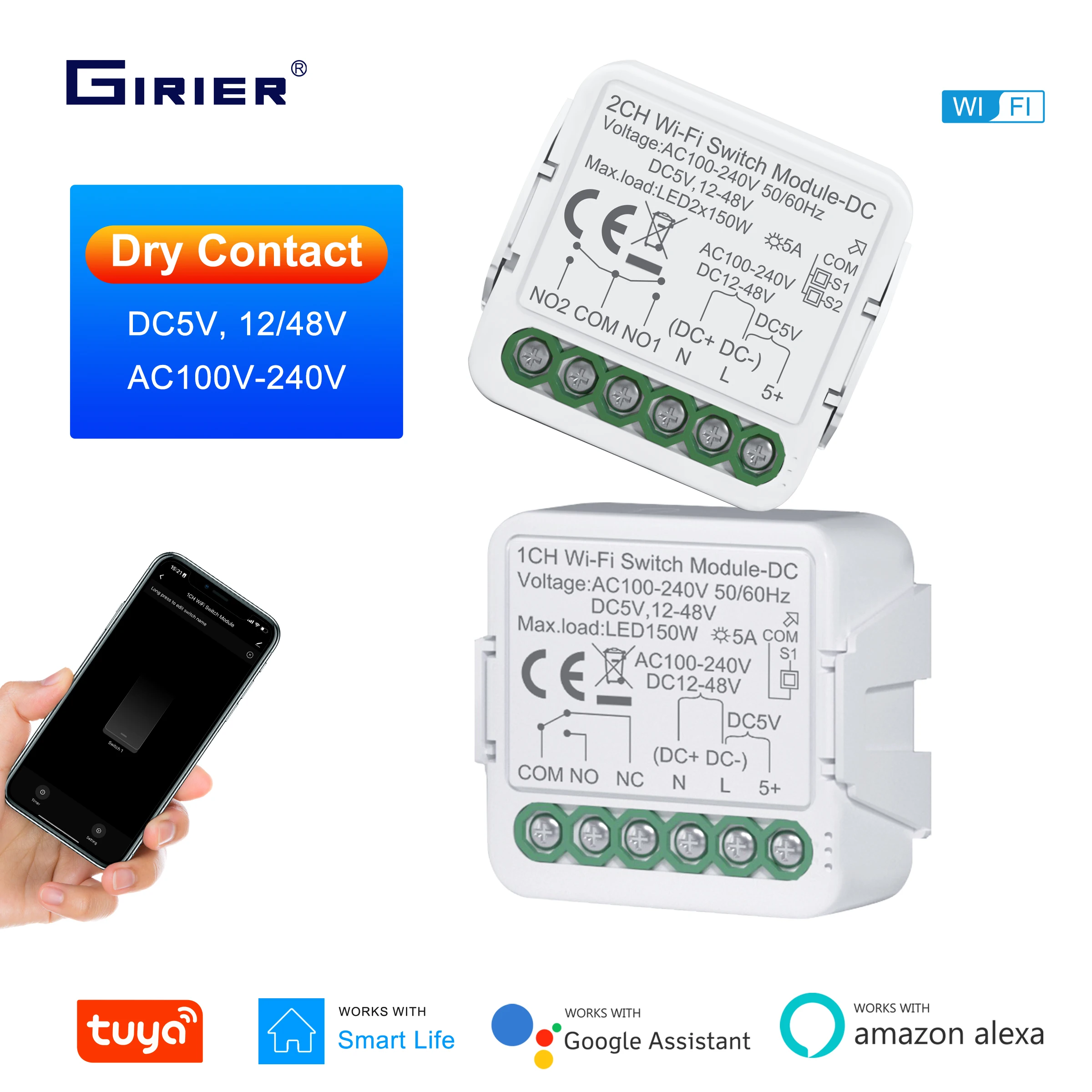 

GIRIER Tuya Smart Switch Module WiFi Dry Contact Module DC5V 12-48V AC100-240V Input DIY Breaker Relay Supports Alexa Hey Google