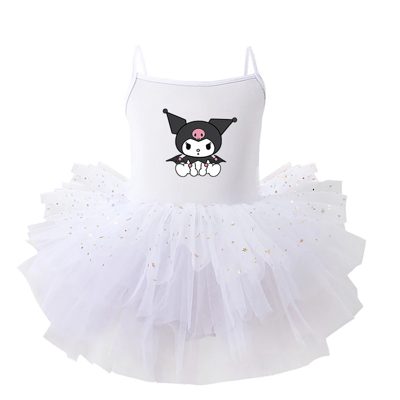 Anime Kawaii Hello Kitty Kuromi My Melody Girls Summer Sleeveless Dress Sanrios Children Princess Ballet Shiny Fluffy Mesh Skirt