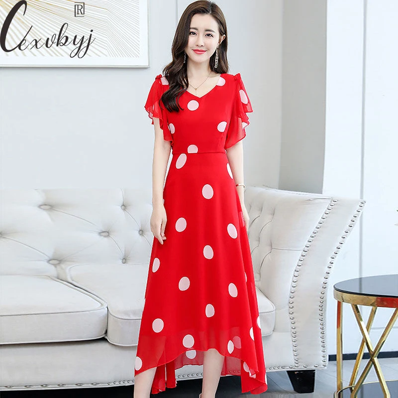 

Summer Fashion Chiffon Women'S Dress Dot Print V-Neck Maxi Dress Ladies Office Work Wear Elegant Dress Plus Size Beach Vestidos