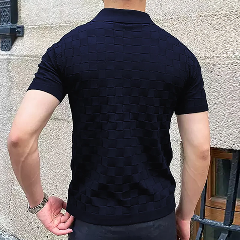 Luxury Plaid Patchwork Knitted Polo Shirt Men Spring Summer Casual Breathable Thin Knit Tops For Mens Knitwear Fashion Polo Tees