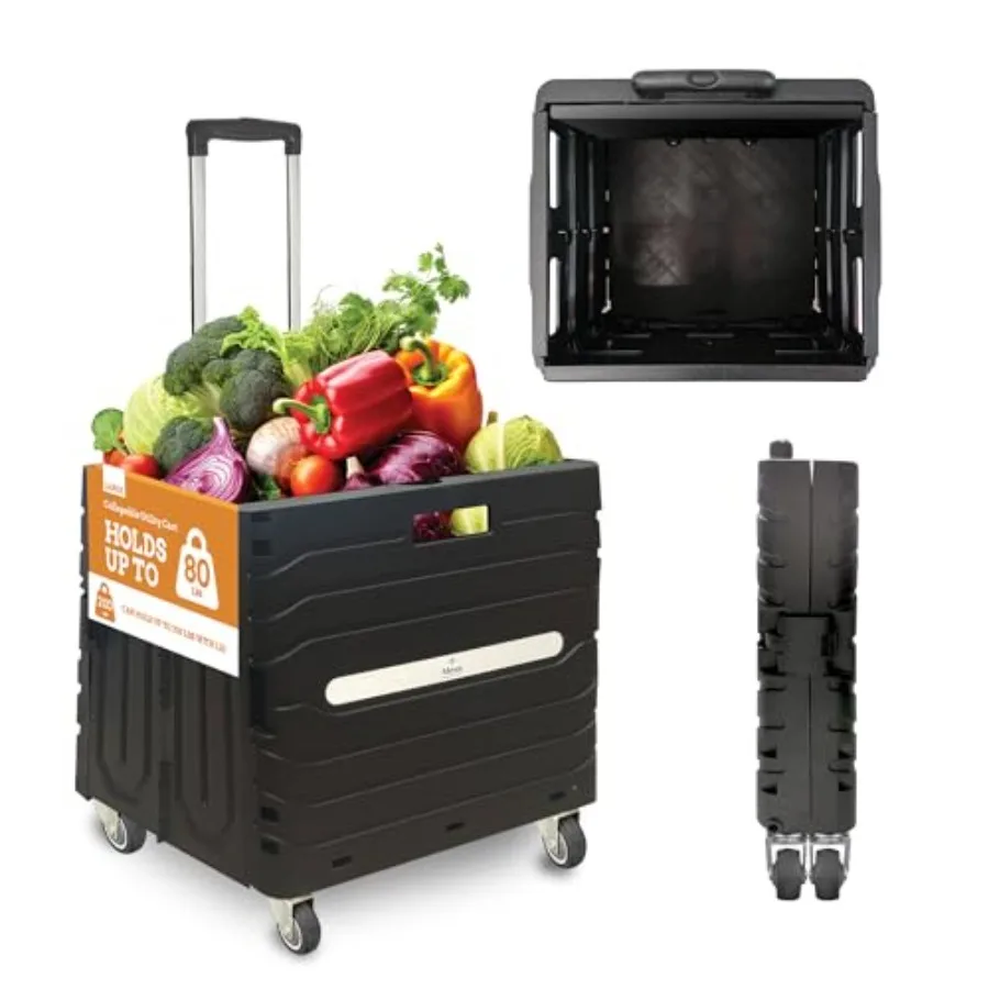 

Collapsible Folding Utility Cart, Heavy-Duty Rolling Crate with 360° Wheels, Telescoping Handle, Hidden Lid, Holds 200 Lbs, Bla