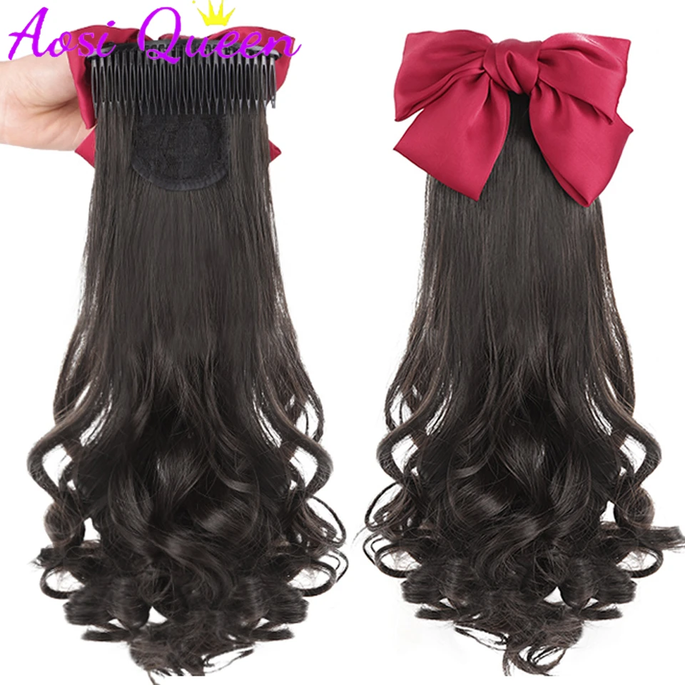 AOSI Synthetic Ponytail Wig For Women Red Bow Hair Comb Long Curly Fake Ponytail Braid Retro Headdress Party Wig