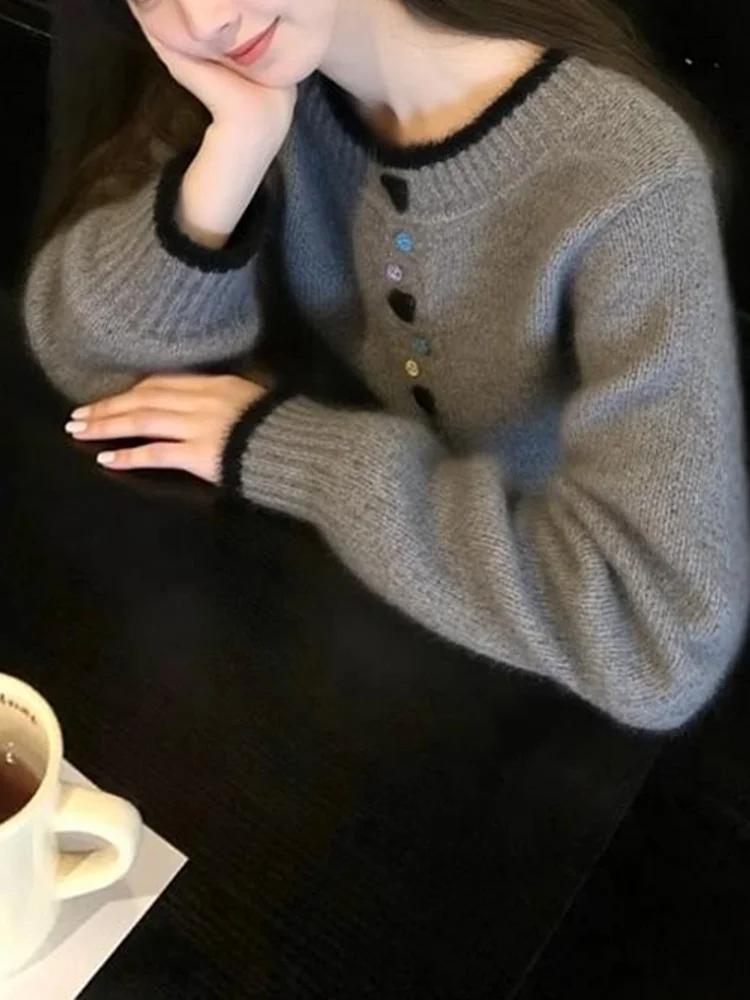 Maglieria coreana Sle abbottonata lunga Sve Maglieria da donna Autunno Inverno Faionable Color Blo Maglione morbido vestibilità ampia rotondo Ne