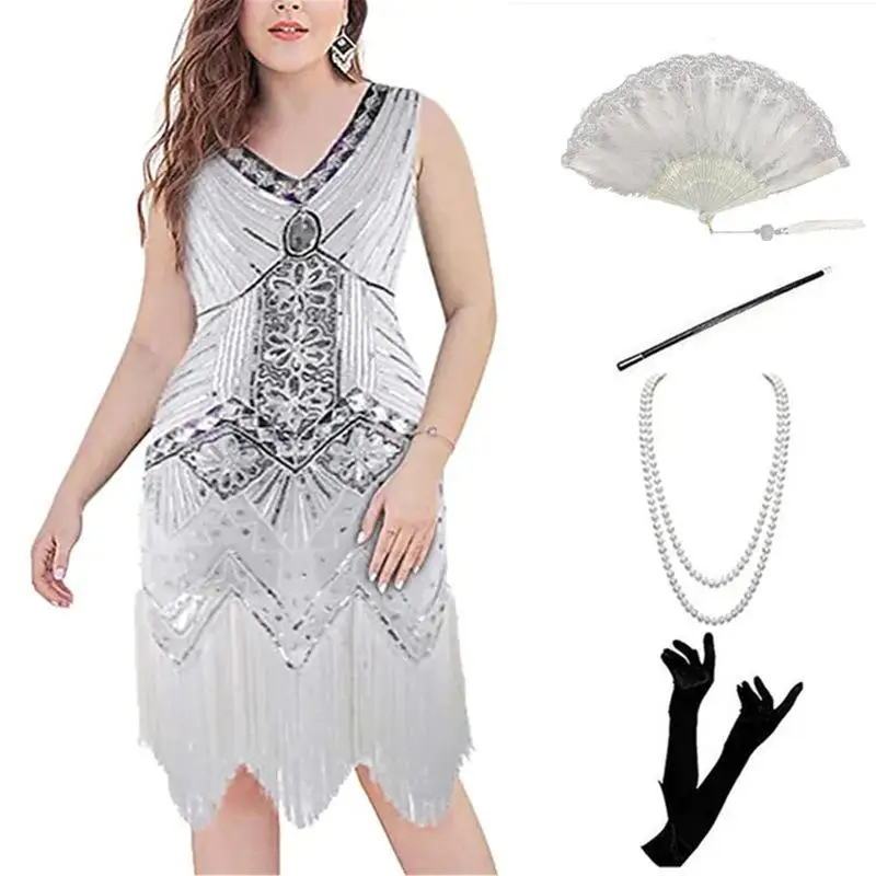 Large Size Women's Ensemble 920s Retro Sequin Par Dinner V-ne Tassel Dr Beadwork Winter Collection Gown