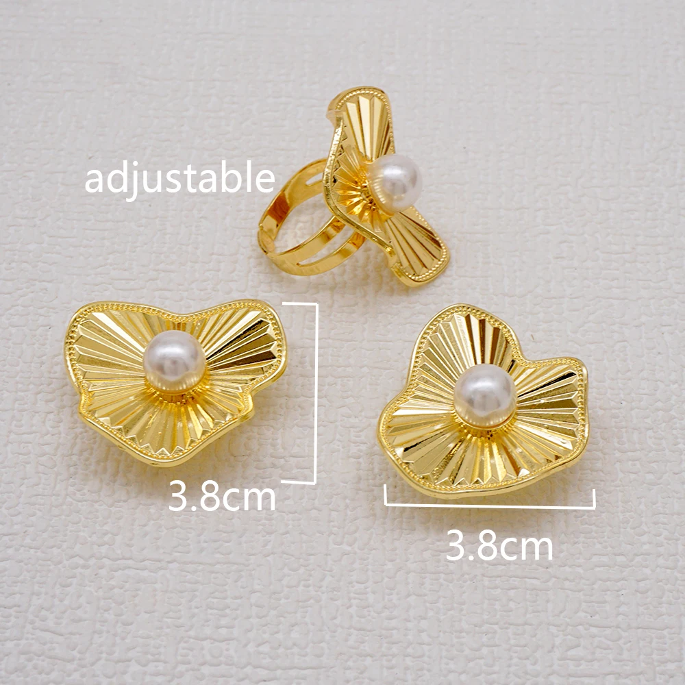 Trendy Flower Copper Earrings Ring Jewelry Set For Women African Gold Color Drop Earings Finger Ring Weddings Bridal Jewelry Set