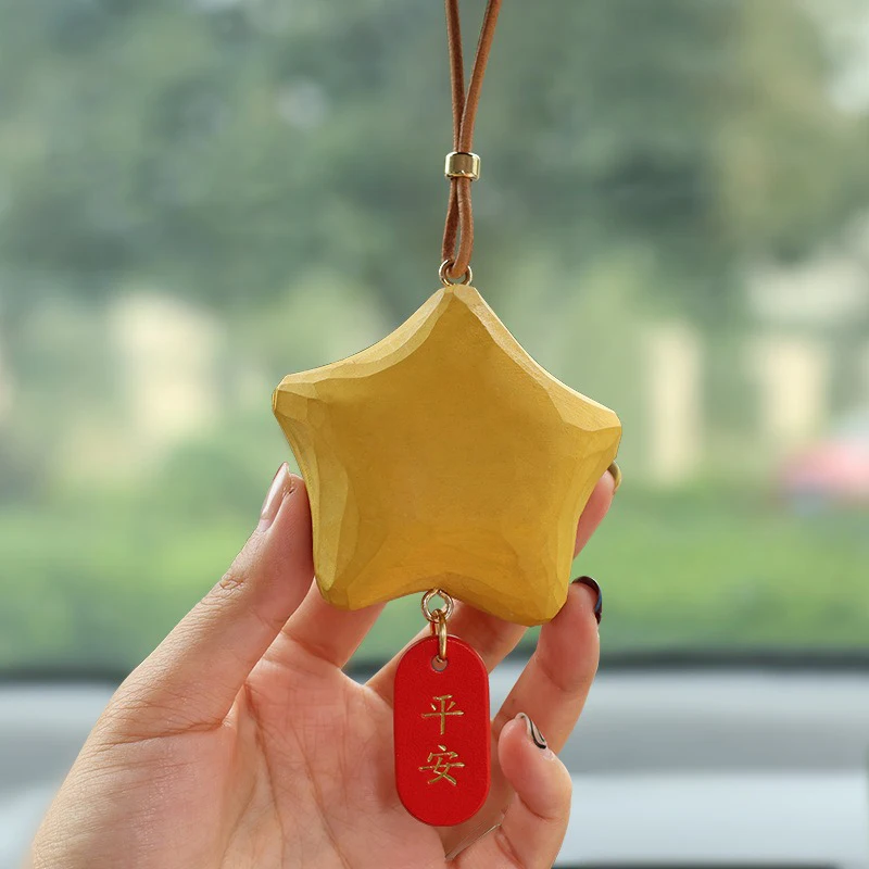 A Lucky Star Hand-carved Wooden Car Rear-view Mirror Hanging Ornament Basswood Auto Accessoires Hanging Pendant Decoration