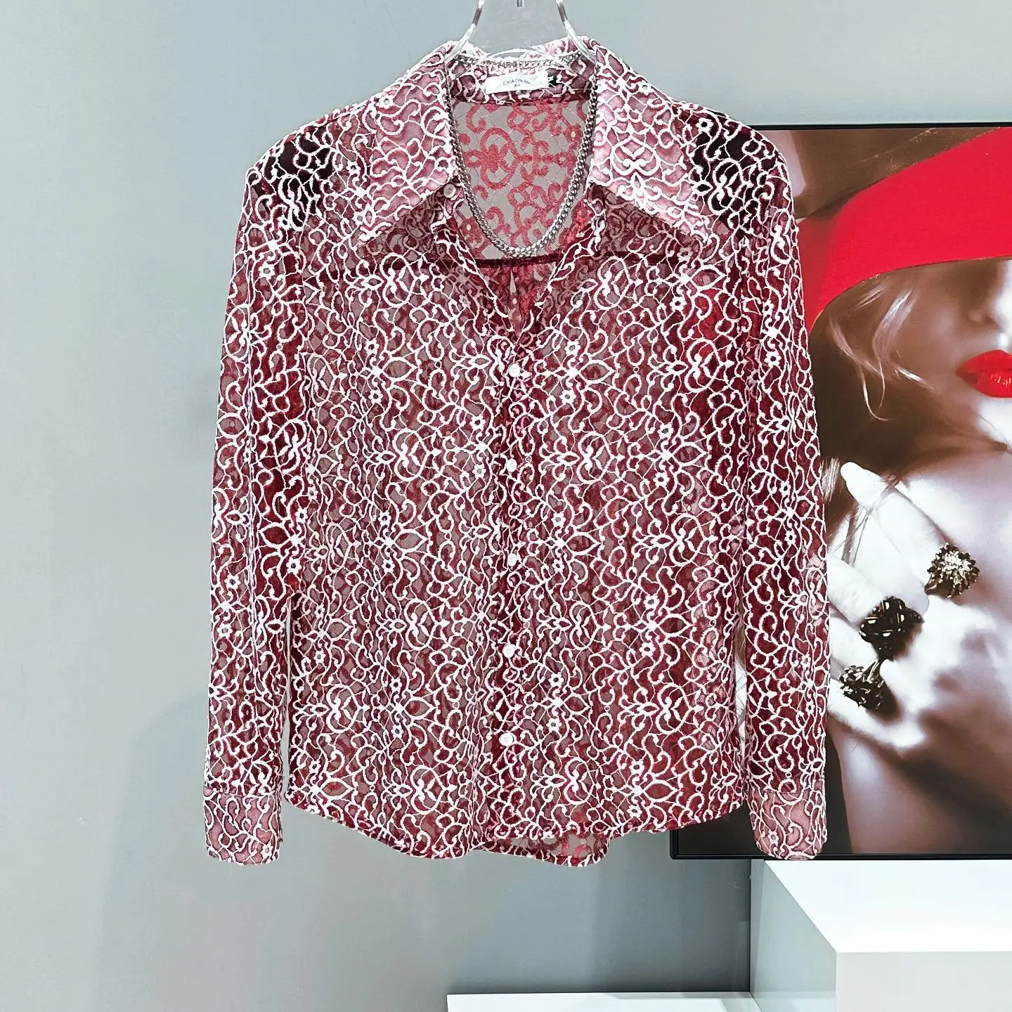 

Lace Summer Design New Hollow Out Sheer Thin Mesh Pattern Floral Shirt Long Sleeve Casual Loose Premium Blouse