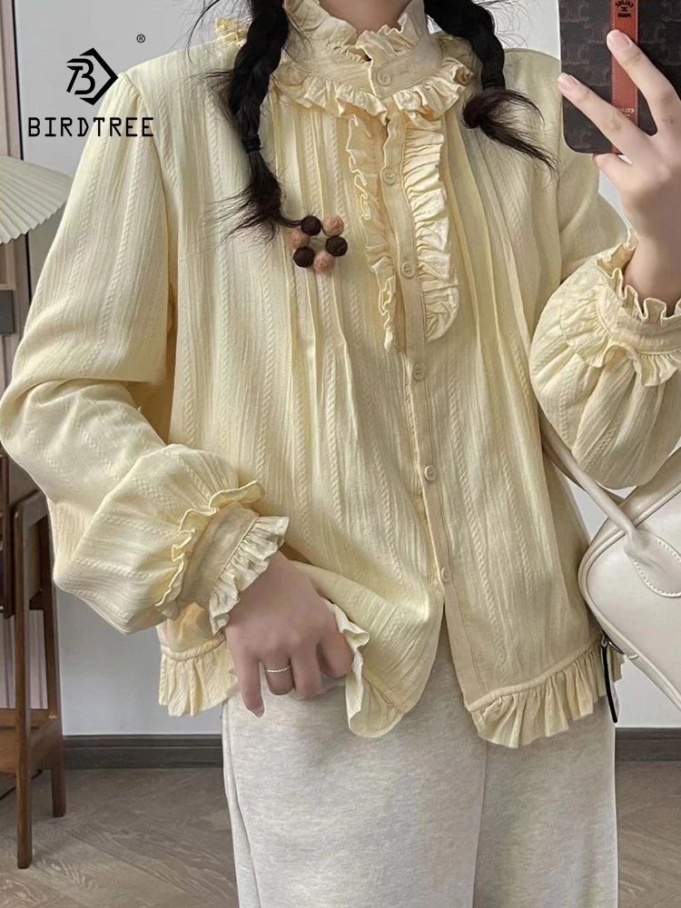 

Новинка 2025, осенняя хлопковая флисовая рубашка с длинными рукавами, женская свободная кукольная блузка с рюшами и складками Mori Girl French Age Reduction T5O053CC