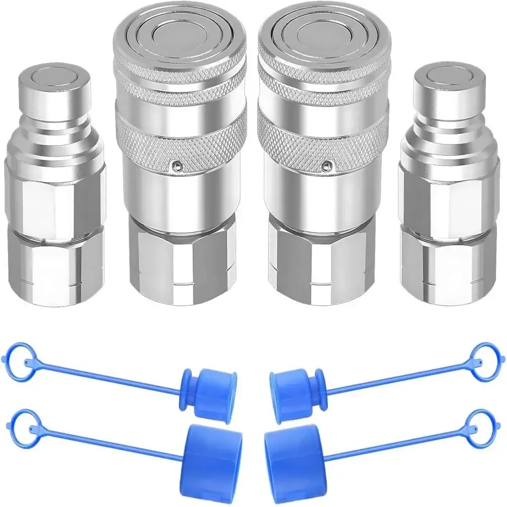 2Set NPT Flat Face Hydraulic Quick Connect Couplers/Couplings With Dust Cap 1/4 3/8 1/2 NPT Thread For Skid Steer Models