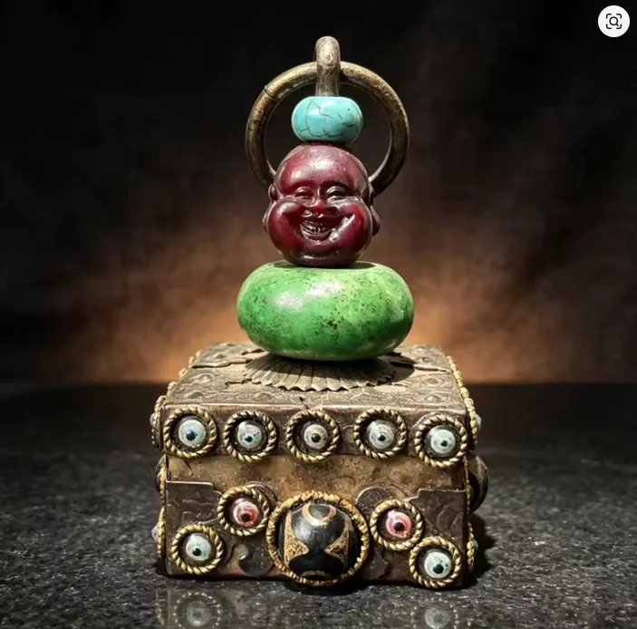 Antique Tibetan Bla Iron Meteorite Inlaid with Multi-treasure Heavenly Bead Hand-held Decorative Piece Maitreya Seal