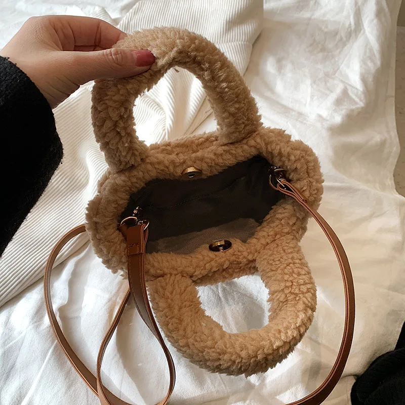 Koreański styl zimowa torba miękkie puszyste torebka damska torba Khaki pluszowa torba Crossbody wszechstronna Bolsas Feminina ciepłe wełna jagnięca