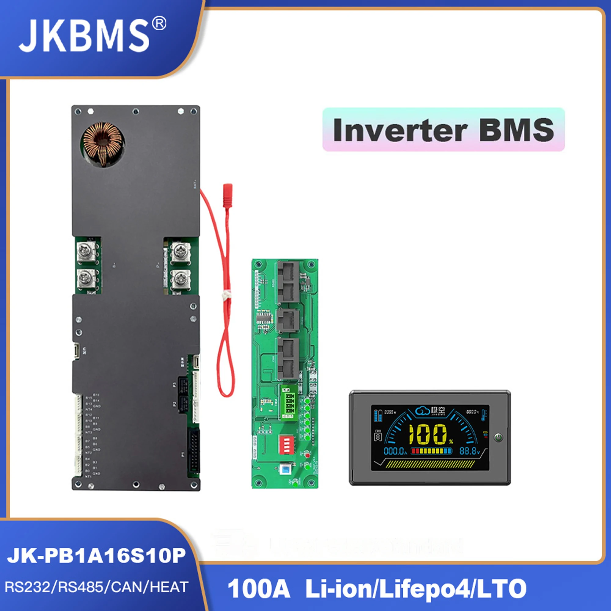 

JKBMS PB1A16S10P Интеллектуальный инвертор BMS 8S-16S 100A 24V 48V Семейный накопитель энергии Lifepo4/Li-ion/LTO для инвертора Growatt Deye