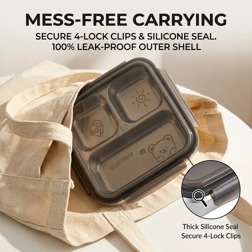 Large Capacity Lunch Container With Lid Microwave Safe Leak-proof 304 Stainless Steel Divided Bento Lunch Box For Kids Students view 5