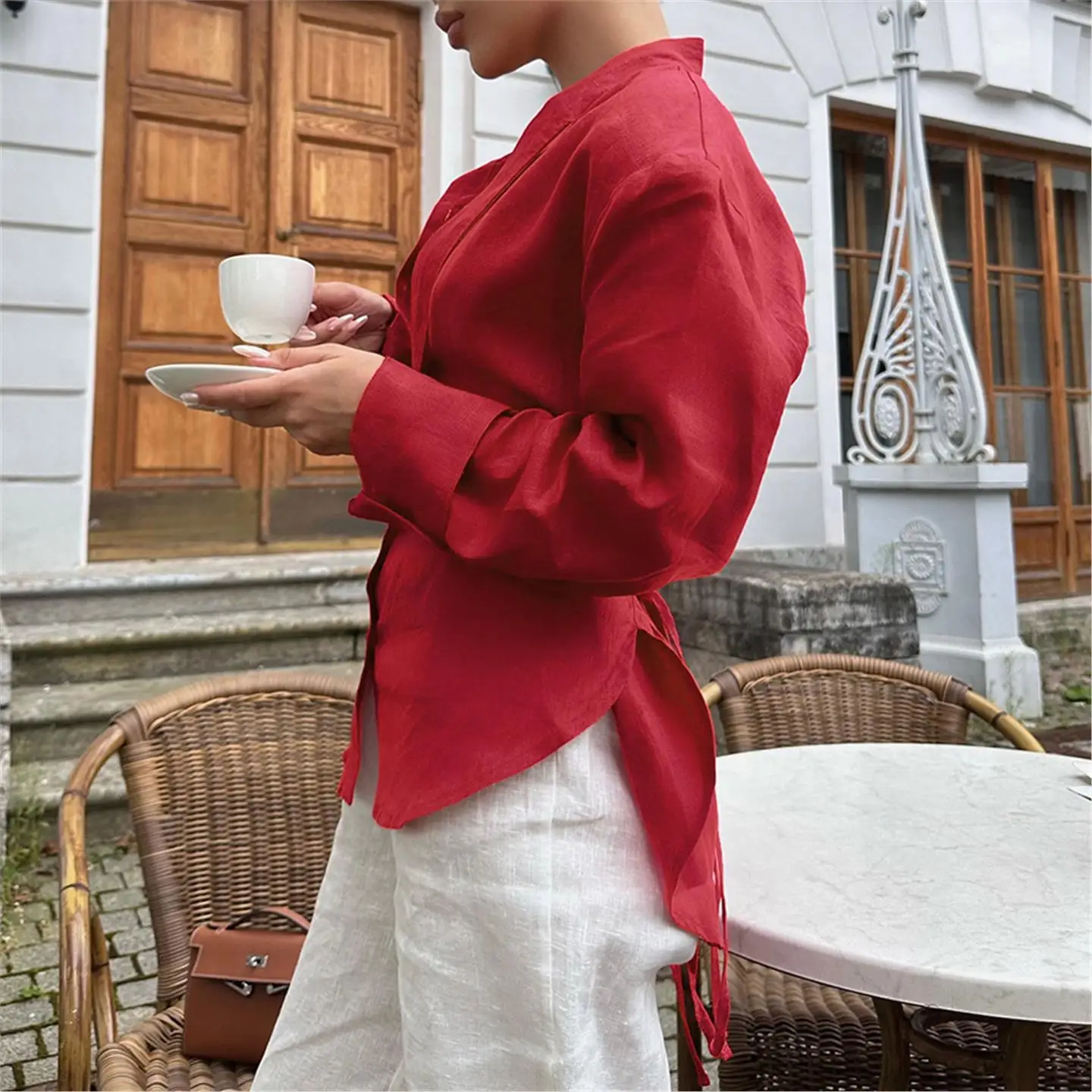 Ele Irt que se pega la cintura para las mujeres con diseño Sa Faionable Commute Europeo Sle Thin Long Sve Pure Color irt