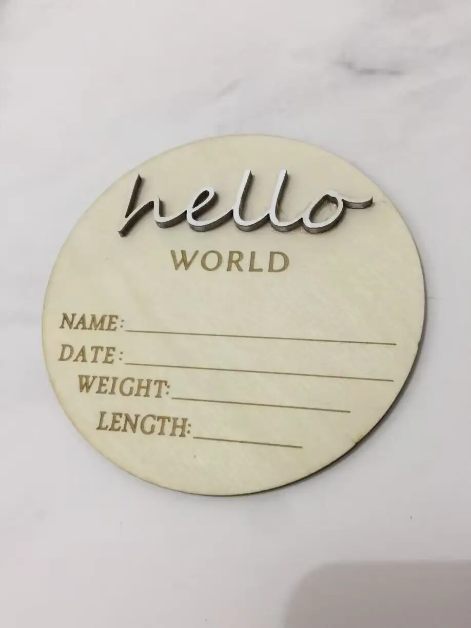 10pcs  3D Hello World Birth Announcement Sign Modern Wood Engraved Round Plaque Baby Milestones Card