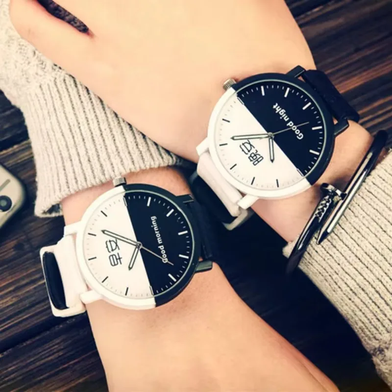 Fashion Trending Black White Case Couple Watches Lovers Watch Intimate Regards Good Morning Good Night Dial Leather Quartz Watch