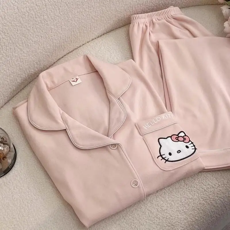 

Комплект пижам Sanrio Hello Kitty из кораллового флиса, плюшевый, утолщенный, для женщин, для дома, осень-зима-весна, с длинным рукавом, теплая ночная одежда