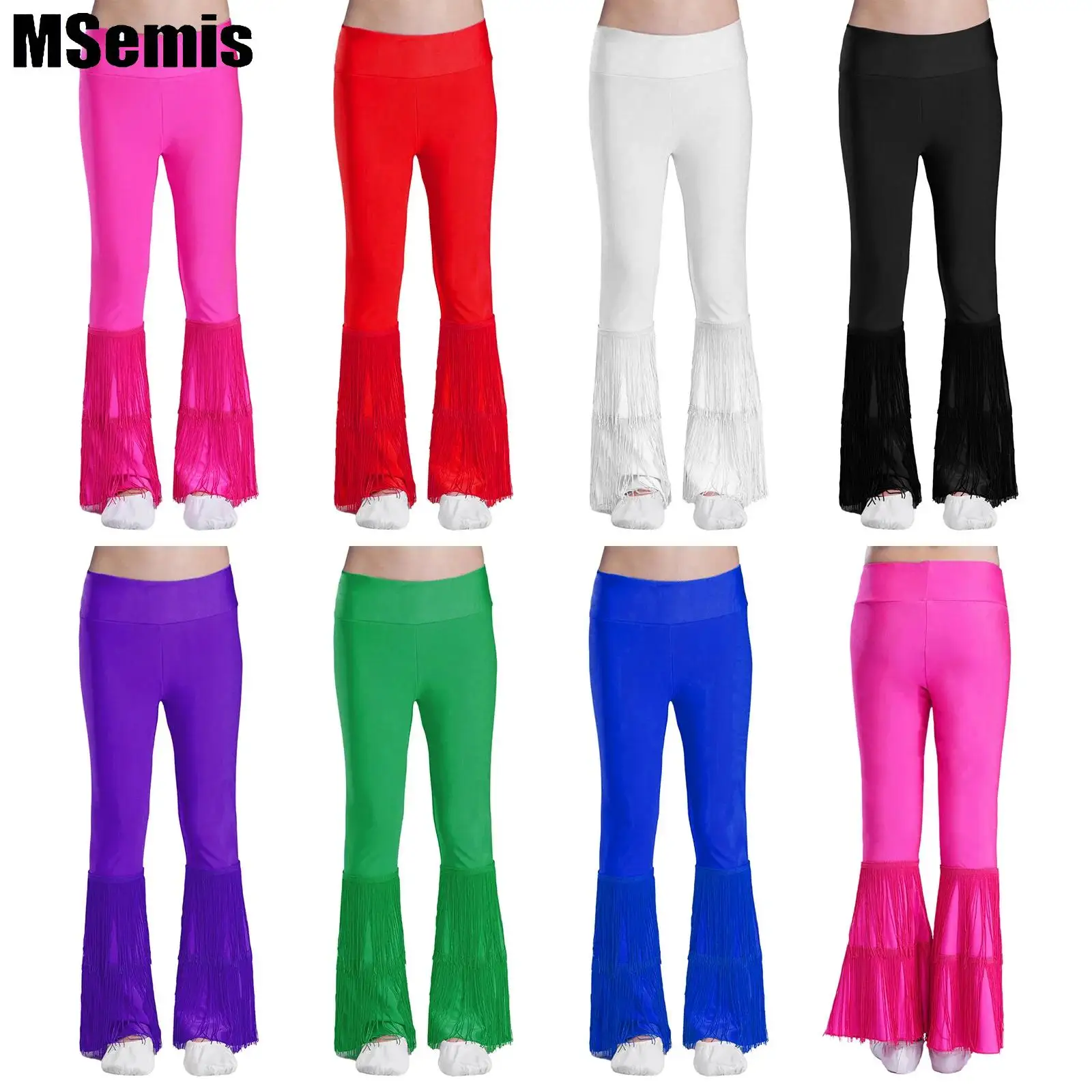 

Kids Girls Tassel Latin Dance Pants Bell-Bottom Pants Fringe Flared Trousers Modern Salsa Costume for Dancewear