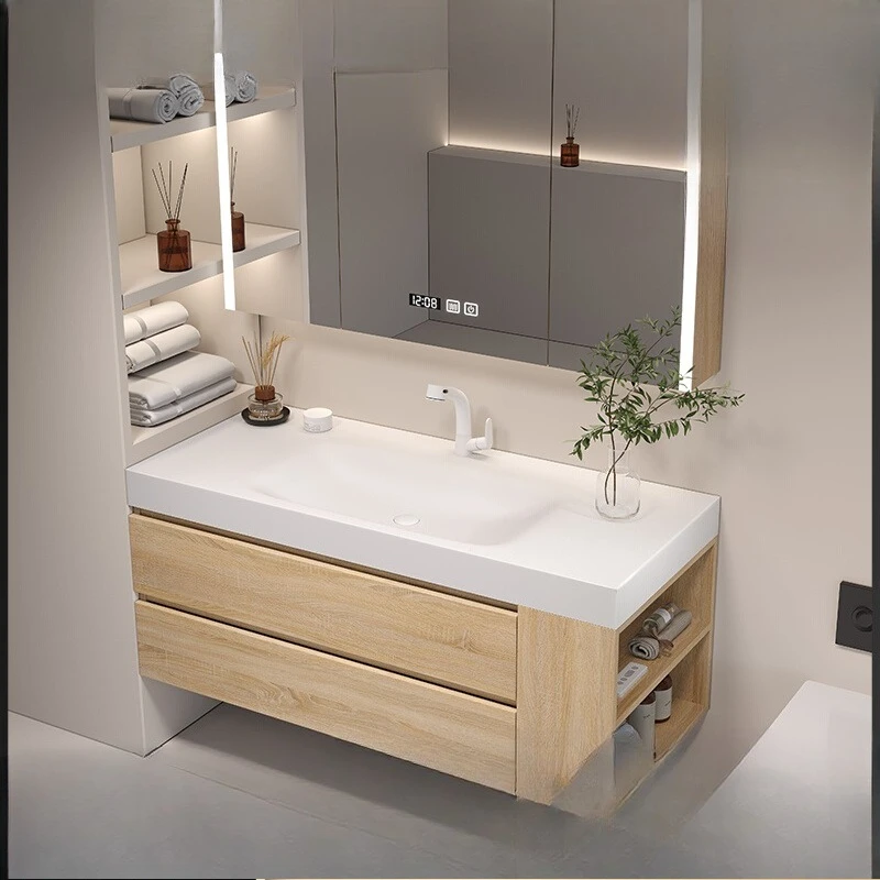 

Integrated basin, bathroom cabinet, combined rock slab seamless ceramic basin, bathroom washbasin, log color washbasin