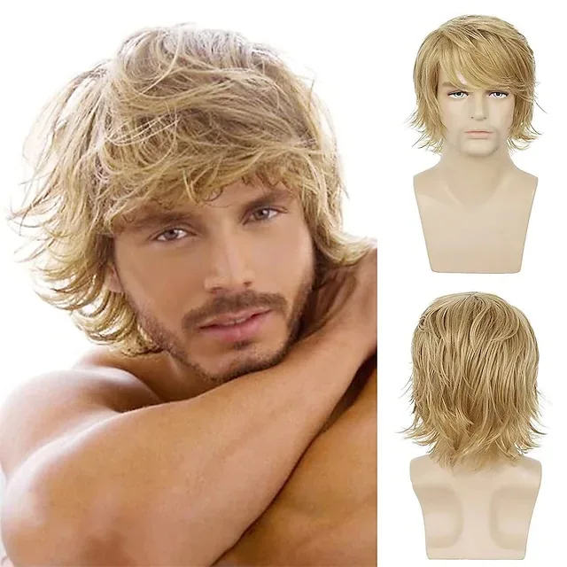 Synthetic Short Blonde Fluffy Wavy Wig for Men Cosplay Party Daily Wear 12 Inch Side Bangs Heat Resistant Fiber Layered Hair