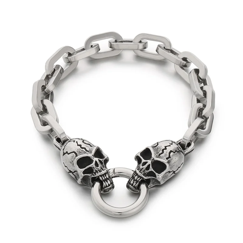 Stainless Steel Mesh Chain Skull Punk Bracelet with Spring Ring Clasp Men Biker Jewelry Punk Rock Party Accessory