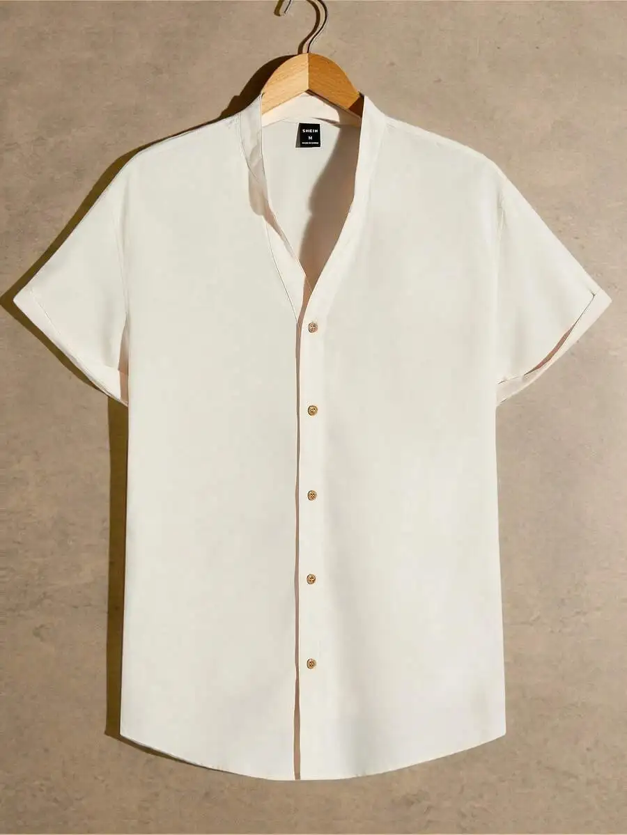 

Men's Solid Color Short Sleeve Button-Down Shirt, Loose Fit, Casual Style