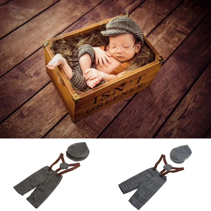 Newborn Photography Props Set: Boy Overalls, Suspender Straps, Bebe Hat, Outfit Pants - Ideal for Photo Shoots!