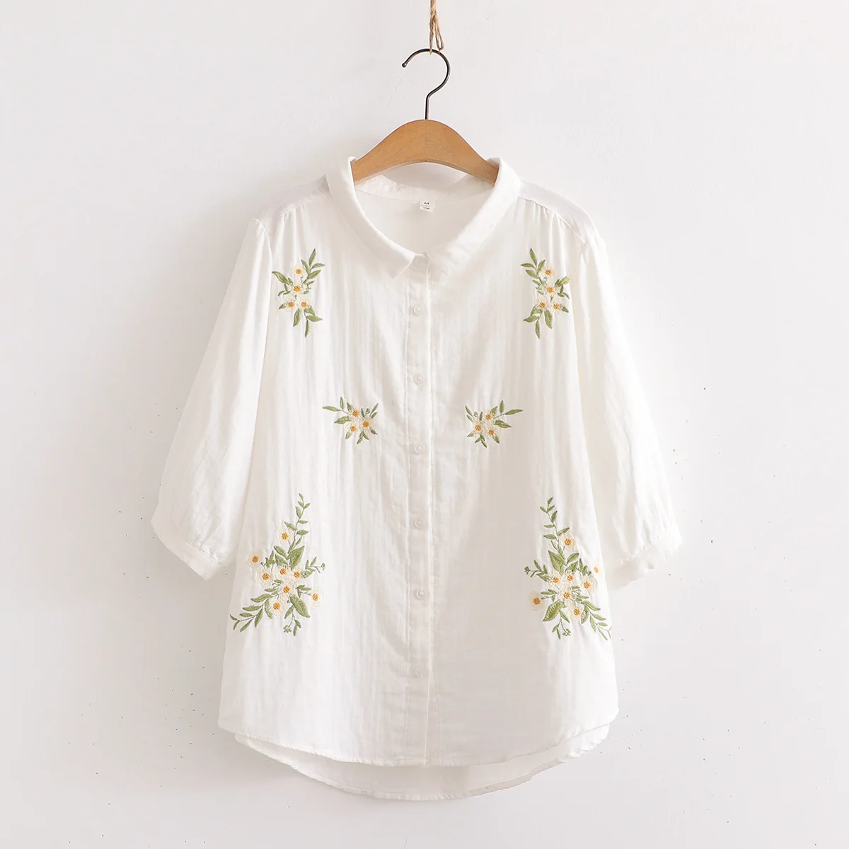 100% Cotton yarn large size tops women summer 3/4 sleeves lapel floral embroider shirts blouses middle aged women clothing