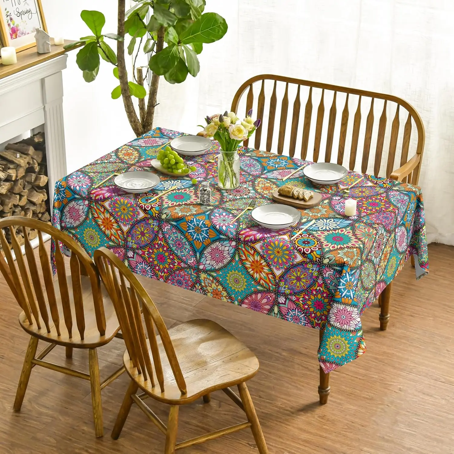 Boho Bohemia Style Rectangle Tablecloth Washable Vintage Country Rustic Farmhouse Fall Tablecover for Kitchen Dining Table Decor