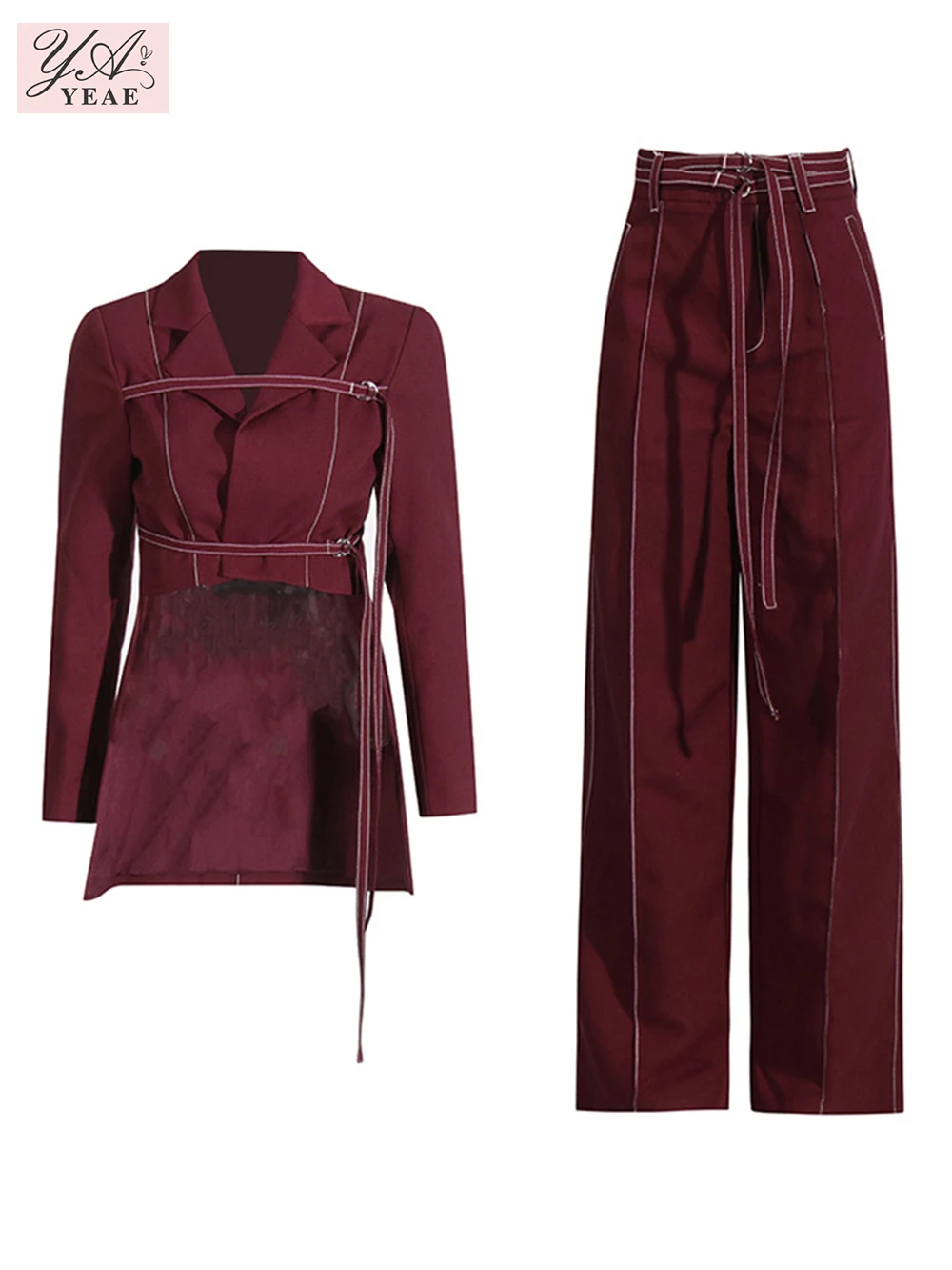 2024 New Asymmetric Lower Hem Blazer + High Waisted Lace Up Pants 2-Piece Set For Women'S Fashion Chic Trendy Outfit