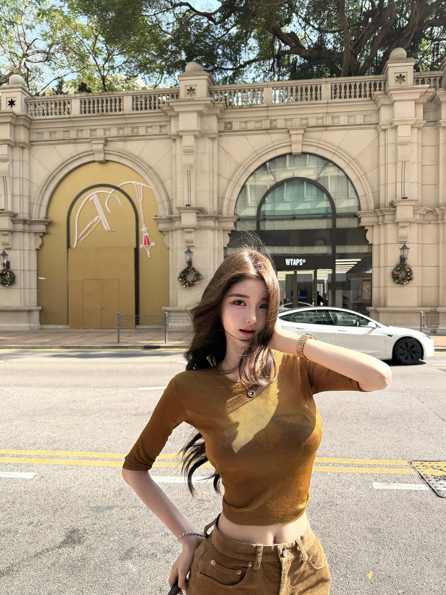 

Gold Tead Soft Armor Knitted Sweater Dual Color Cus Dye Copper Gold Silk Tead Women's Simple Sle round Ne ort Sl...