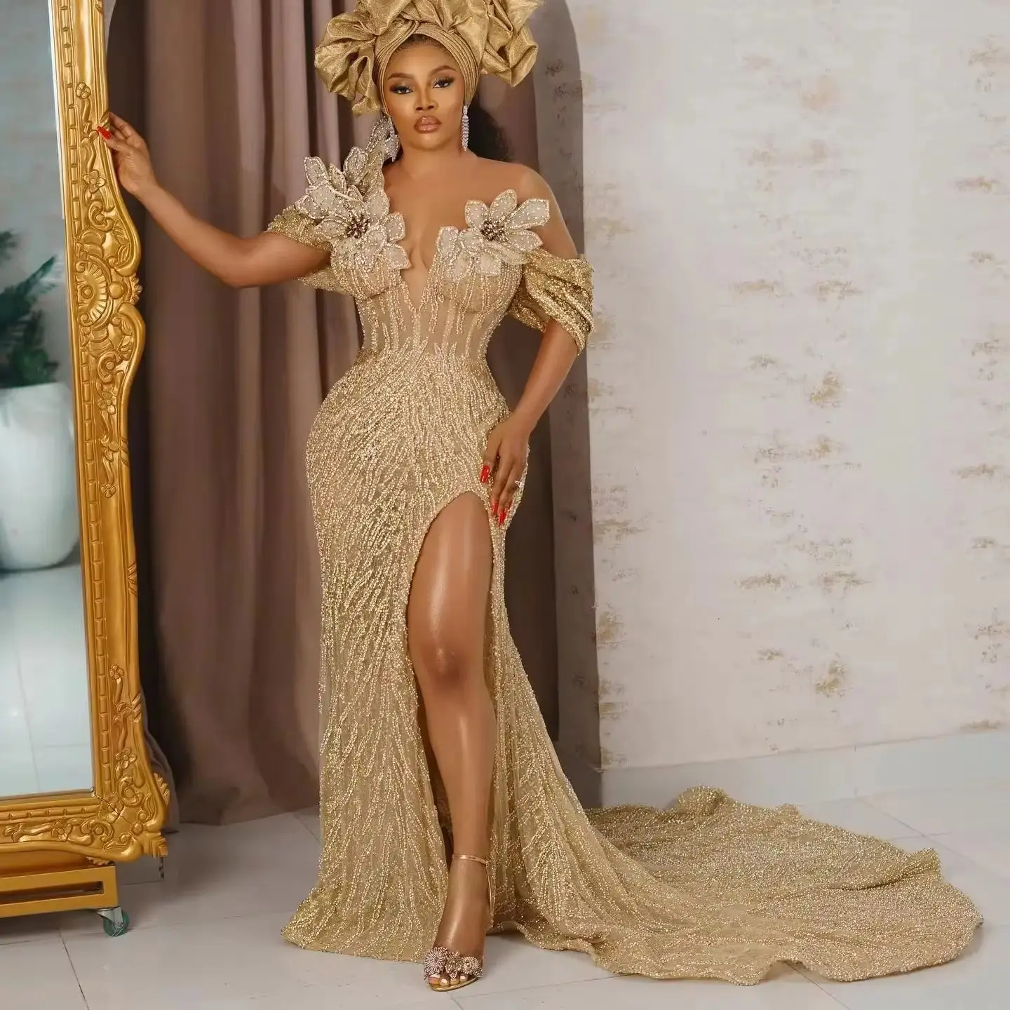 

С съемным шлейфом ручной работы 3D цветок нигерийское свадебное платье для ужина сверкающее золотое кружево с бисером африканское платье для выпускного вечера